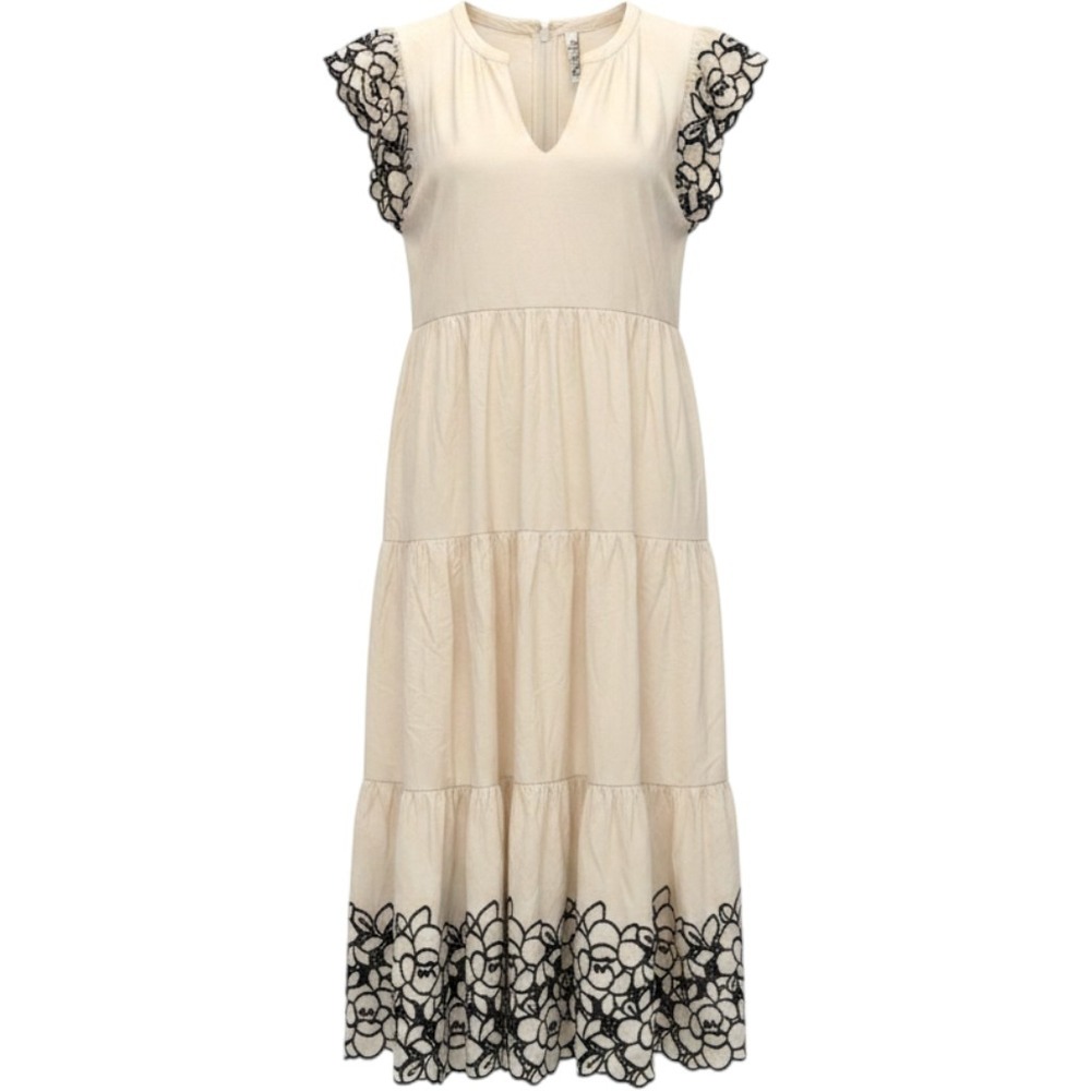 Belle Isle by Torrid Dress Sz 14 Cream Black Floral Eyelet Tiered Midi Boho